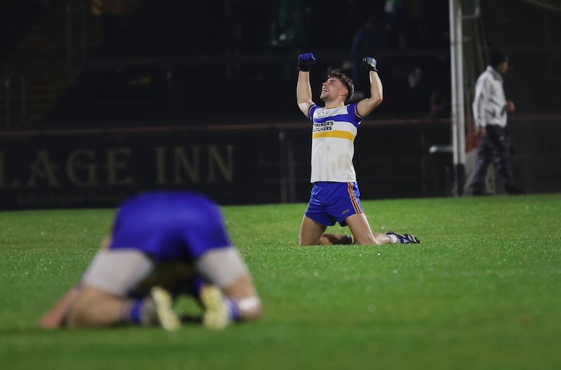 Errigal Ciaran celebrate  after  winning  the Tyrone Senior Championship Senior Championship Final at Healy Park in Omagh.
PICTURE COLM LENAGHAN