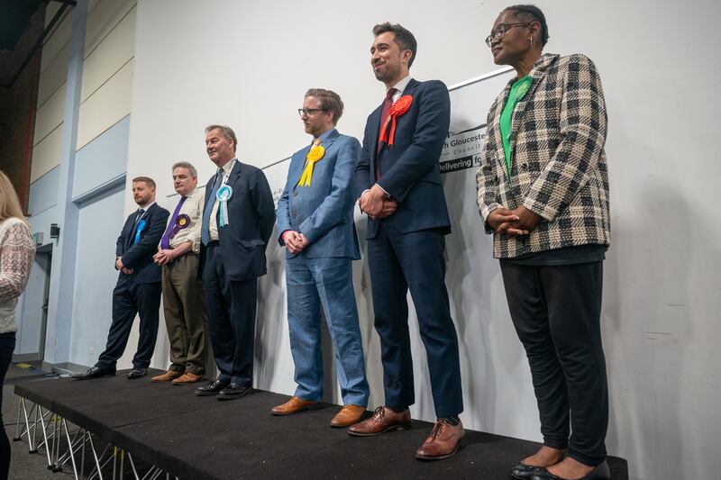 Labour candidate Damien Egan, second right, with fellow candidates at the Thornbury Leisure Centre