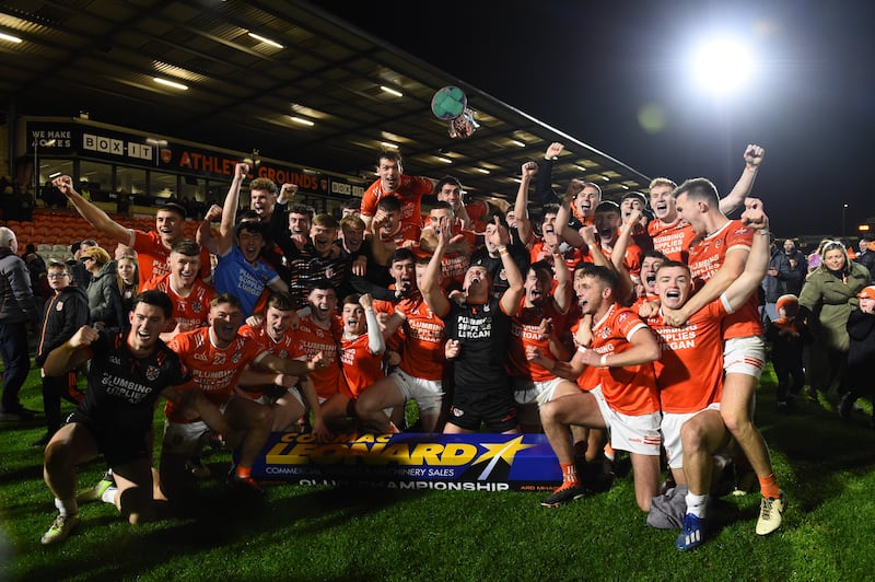 Clann Eireann celebrate the fourth Armagh senior title in their history after victory over Clan na Gael on Saturday night. Picture: John Merry