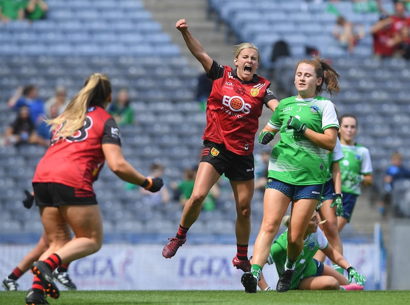 Orla Swail of Down celebrates after scoring her side's goal. Photo by John Sheridan/Sportsfile