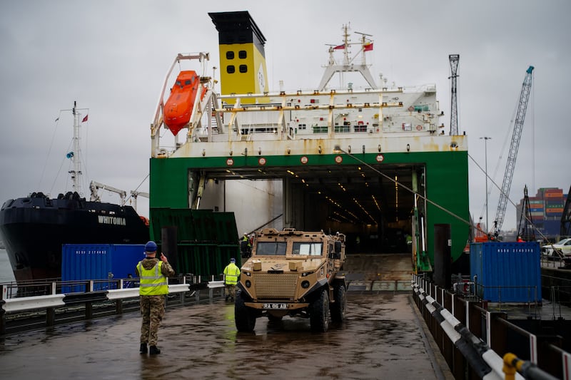 MV Anvil Point as vehicles and equipment are loaded onboard