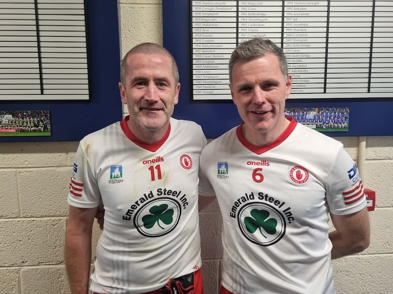 Stephen O'Neill and Conor Gormley after Tyrone's win over Roscommon in the All-Ireland Masters' Football final in Cavan