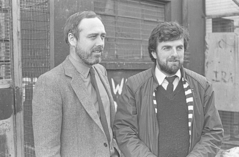 Danny Morrison and Owen Carron pictured outside the Sinn Fein Headquarters before going to America to face imigration charges. Pacemaker Press Intl. 11/10/83...853/83/BW. 