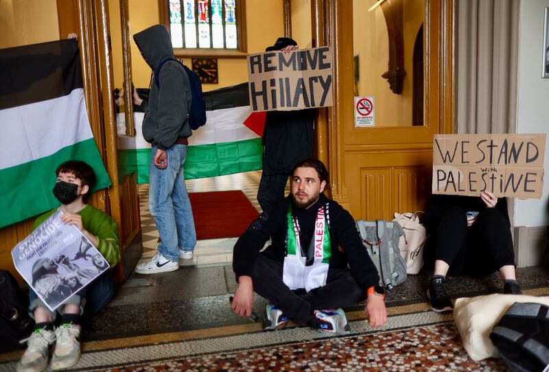 Protesters at Queen’s University in Belfast on Tuesday in support of Palestine.
PIC COLM LENAGHAN