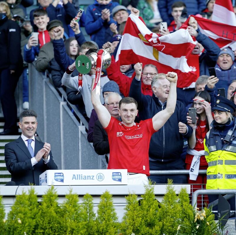 Louth&#39;s Sam Mulroy lifted the Division Three trophy after beating Limerick in the 2022 Final. Pic Philip Walsh 