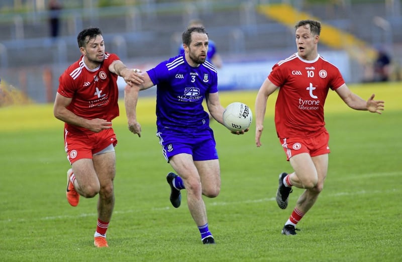 29/5/2021  Monaghans  Conor Boyle    in action with   Tyrones  Conor Mc Kenna and Kieran Mc Geary    in Saturday evenings game at Healy Park  Picture  Seamus Loughran. 