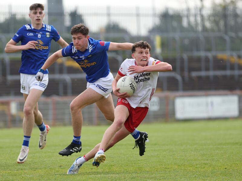 2024 Ulster GAA Minor Championship Playoffs Quarter Final.
Tyrone's Aodhan Quinn and Cavan's Conor Doyle  during Saturday's game at Healy Park in Omagh.
PICTURE COLM LENAGHAN