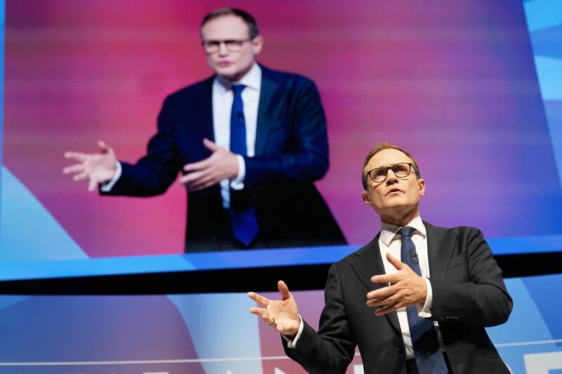 Leadership candidate Tom Tugendhat delivers a speech at the Conservative Party conference