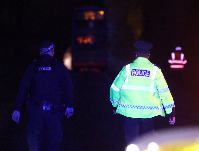 The scene in the Glenavy Road where a school bus hit a fallen tree. PICTURE: MAL MCCANN