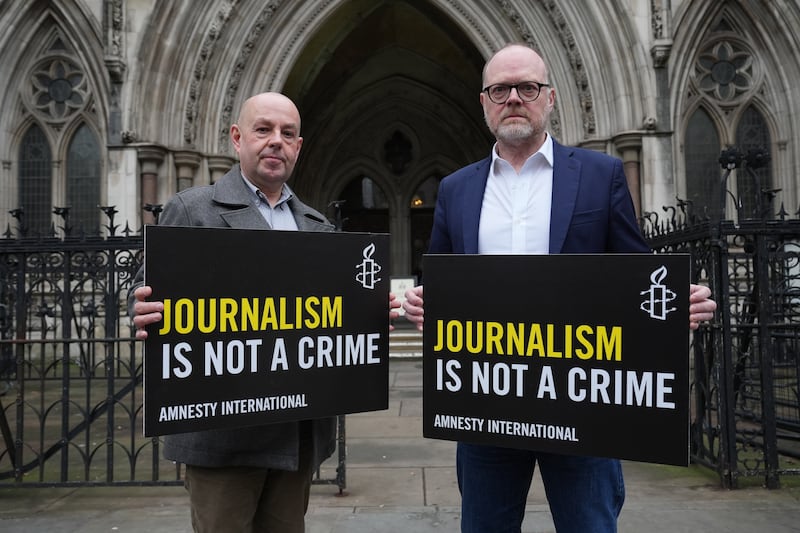 Journalists Barry McCaffrey (left) and Trevor Birney, outside the Royal Courts of Justice, in London on Tuesday