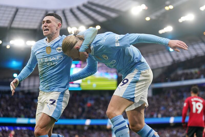 Haaland, right, scored against Manchester United for a sixth time in March’s meeting at the Etihad Stadium