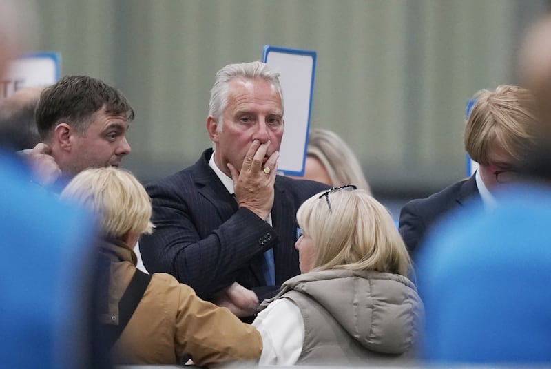 Ian Paisley Jr watches a partial recount of votes for the North Antrim constituency at Meadowbank Sports Arena in Magherafelt (Niall Carson/PA