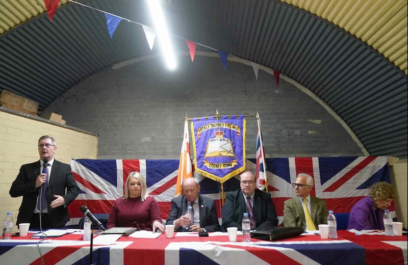  (left-right) Sir Jeffrey Donaldson, Jill Macauley, Jim Allister, Ben Habib and Kate Hoey at a rally in opposition to the Northern Ireland Protocol at Crossgar Orange Hall. Picture by Brian Lawless/PA Wire