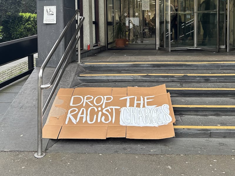 A banner outside Highbury Corner Magistrates’ Court during an earlier hearing in April