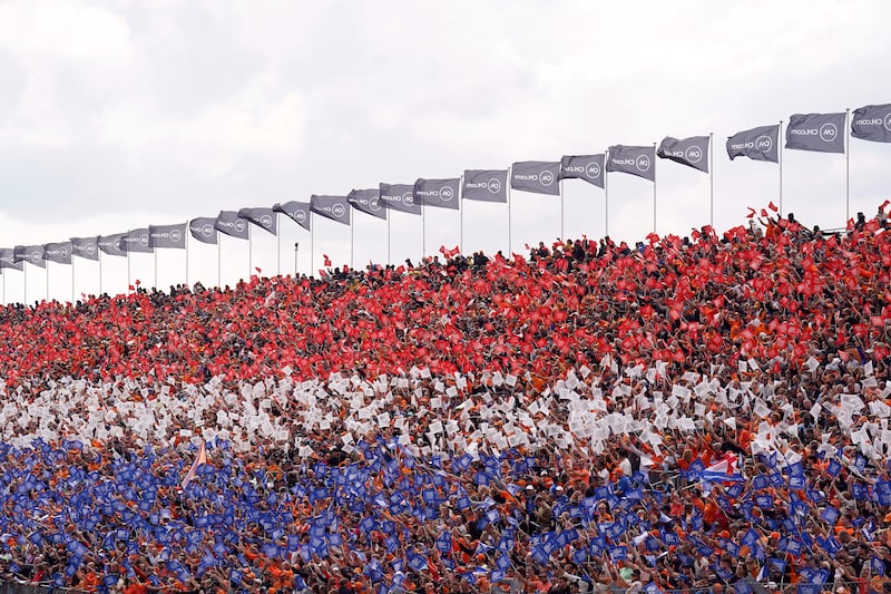 Fans in the stands at Zandvoort create the Dutch flag