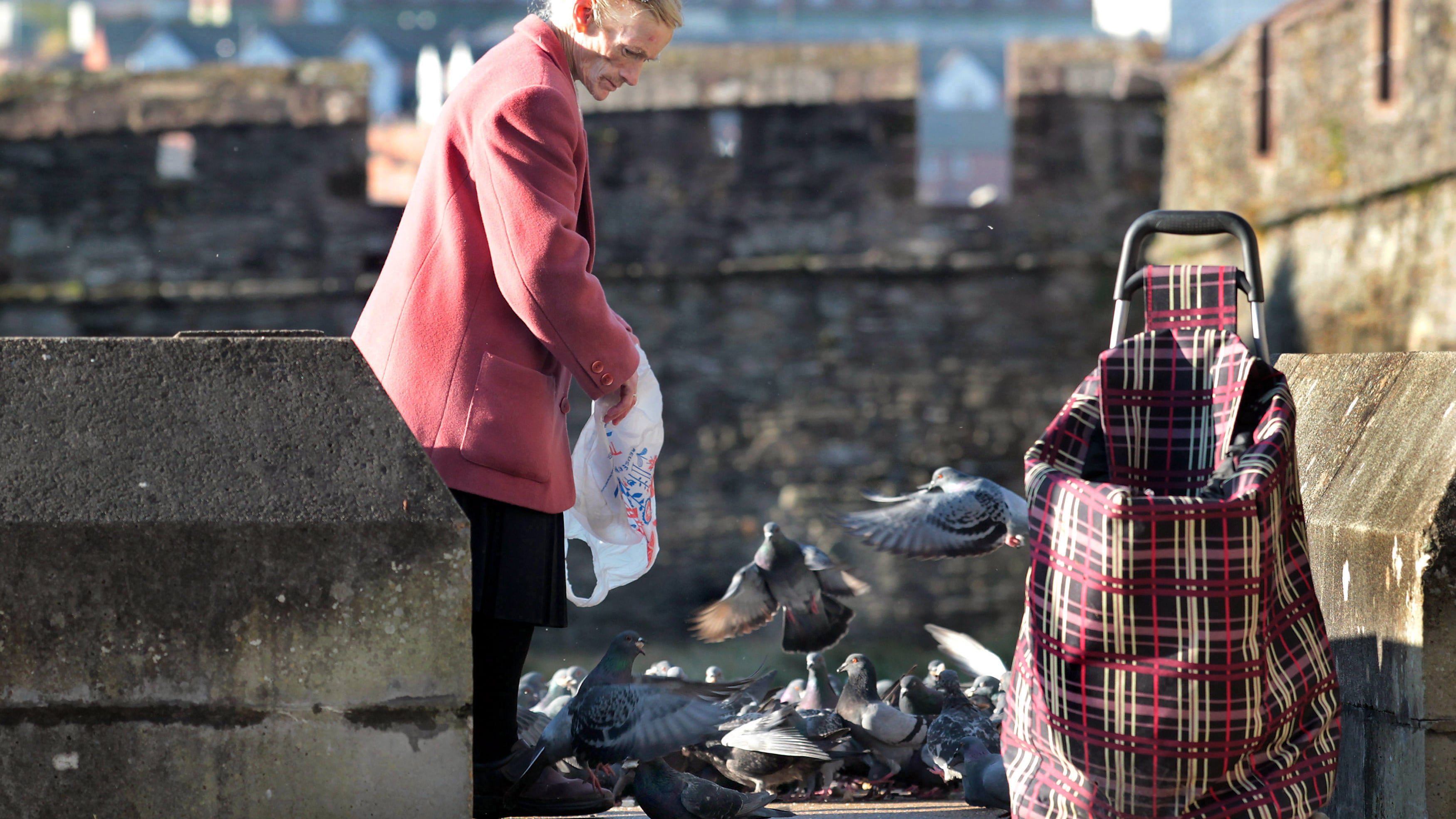 Derry woman Margaret McCallion silhouetted in the morning sunshine while feeding pigeons in the Bishop Street area of the city a few years ago. A task she undertook with much pride and kindness every day for many years. She walked the Derry streets with her little trolly full of bread, followed by flocks of wild pigeons that had been patiently waiting to catch sight of her every morning. Margaret from the Lecky Road area in Derry passed away earlier this week in Derry.  Pictures Margaret McLaughlin 30-5-2024 / 2014