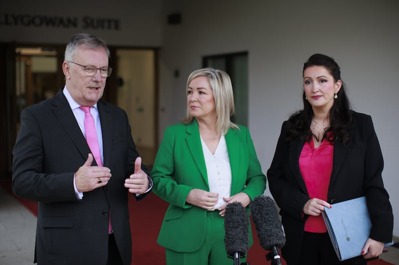 First Minister Michelle O’Neill with deputy First Minister Emma Little-Pengelly and Health Minister Mike Nesbitt during the Northern Ireland Confederation for Health and Social Care conference