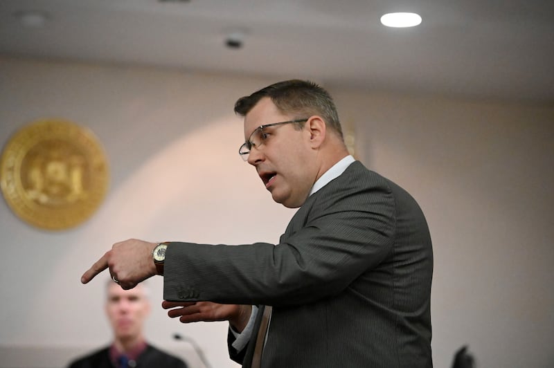 Washington County first assistant district attorney Christian P Morris delivers the opening statements in Kevin Monahan’s murder trial (Will Waldron/The Albany Times Union via AP)