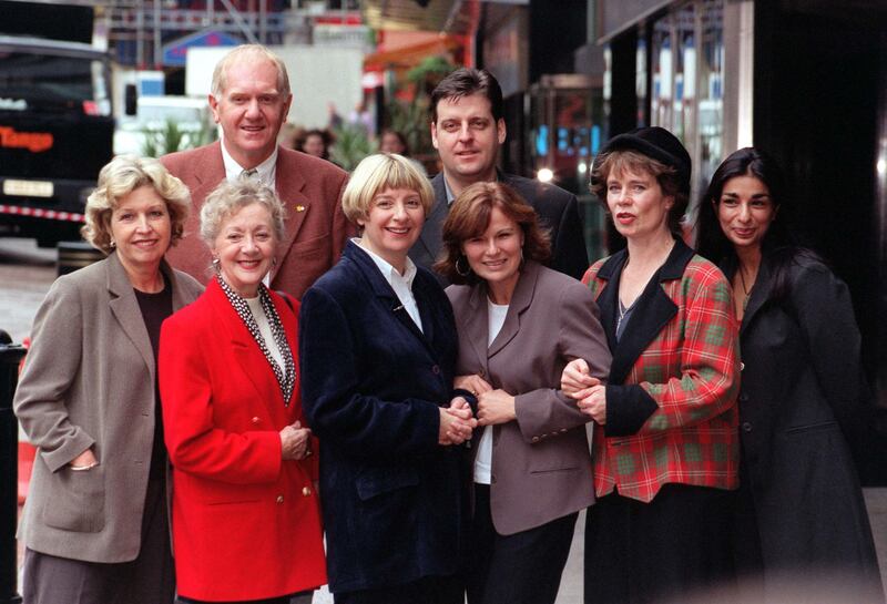 The cast of Dinnerladies, (l/r front) Anne Reid, Thelma Barlow, Victoria Wood, Dame Julie Walters, Celia Imrie and Shobna Gulati (l/r back) Duncan Preston and Andrew Dunn