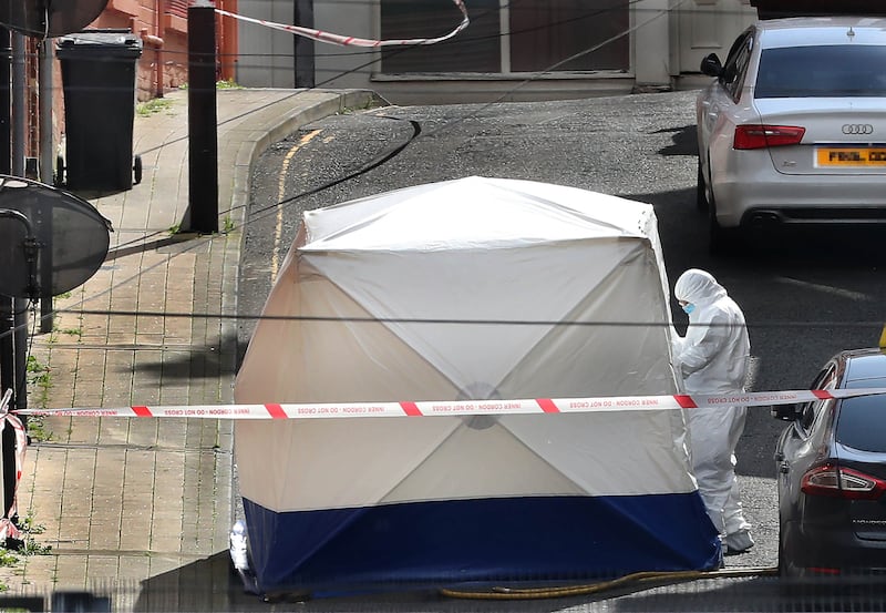 the scene of a murder in the Harvey Street area of Derry city on Saturday. A womans body was discovered in a house after a fire in the building. Picture Margaret McLaughlin  24-8-2024