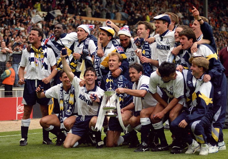 Lineker (left, bottom row) won his only domestic silverware in England with Tottenham – the 1991 FA Cup