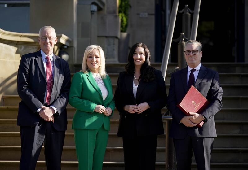 Northern Ireland Secretary Hilary Benn, First Minister Michelle O’Neill, deputy First Minister Emma Little-Pengelly and Prime Minister Sir Keir Starmer at Stormont Castle