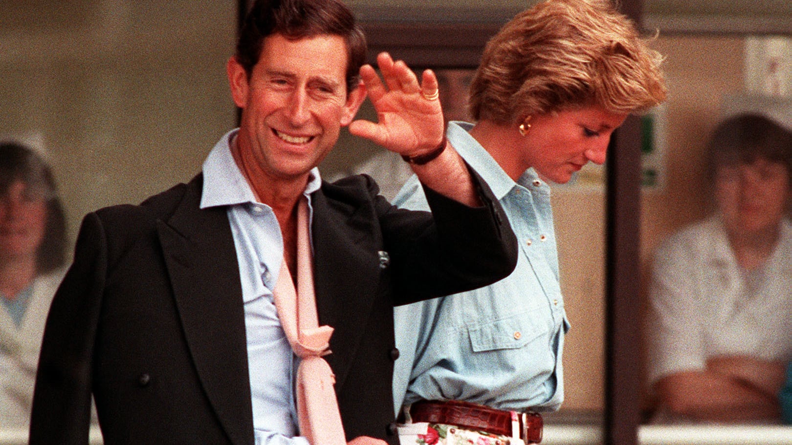 The Prince and Princess of Wales leaving Cirencester Hospital after Charles broke his arm in 1990