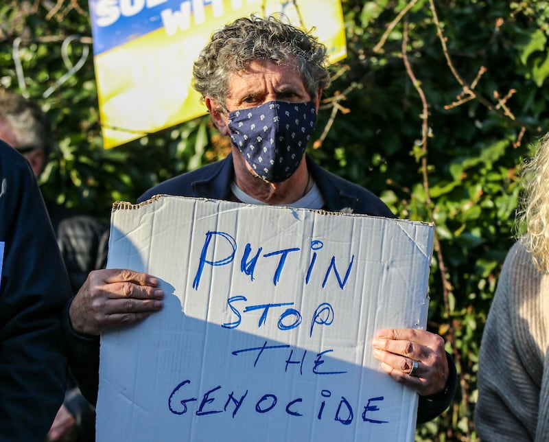 Charlie Bird joins a demonstration against Vladimir Putin’s invasion of Ukraine outside the Russian embassy in south Dublin