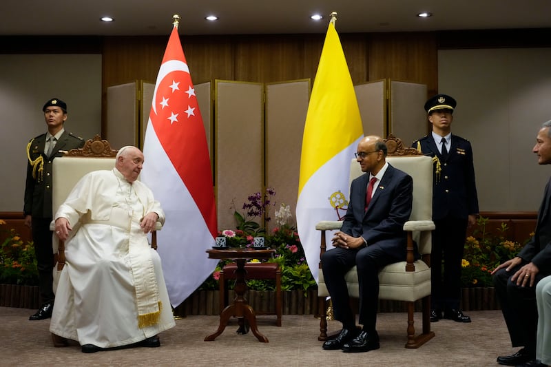 Pope Francis meets with the President of the Singapore Republic Tharman Shanmugaratnam (Gregorio Borgia/Pool/AP)