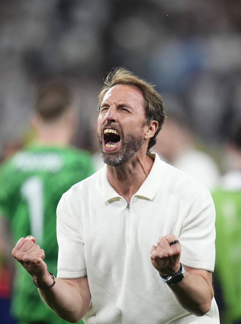 England manager Gareth Southgate celebrates the win after the Euro 2024 semi-final match at the BVB Stadion Dortmund