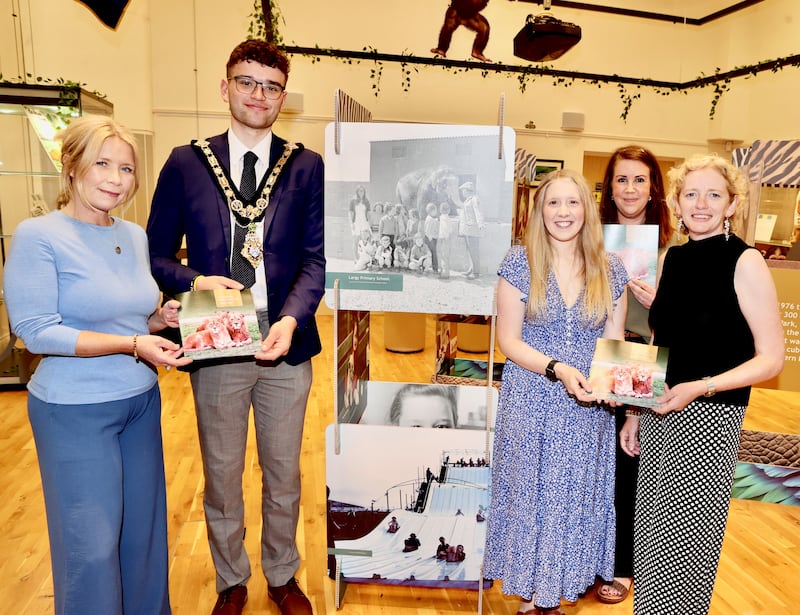 Causeway Coast and Glens mayor Ciarán McQuillan with (l-r) Julie Welsh, council head of community and culture; museum officer Jamie Austin; museum services manager Sarah Calvin; and leisure and development director Pat Mulvenna at the launch of the Causeway Safari Park exhibition in Ballymoney Museum.