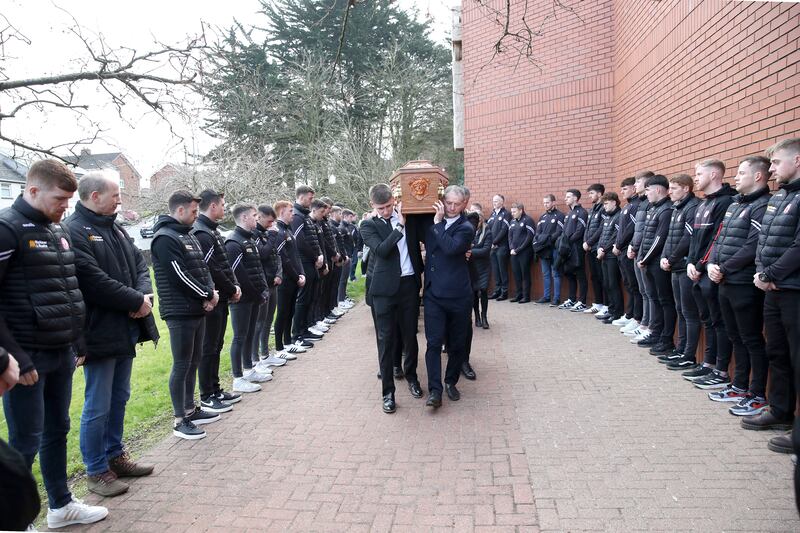 Press Eye - Northern Ireland - 9th March 2024

The funeral of Caolan Devlin, who died in a crash on the A5 road, has taken place. Mr Devlin (30), from the Coalisland area, was driving a BMW car which was in collision with a lorry on Tuesday 5th Mach 2024.

His younger brother Niall is a member of the Tyrone senior football panel and the former captain of the county’s All-Ireland winning under-20 side.

The accident happened on the same day that the Assembly heard pleas for an upgrade of the A5 – one of the most dangerous roads in Northern Ireland – to proceed urgently.

Photograph by Declan Roughan / Press Eye