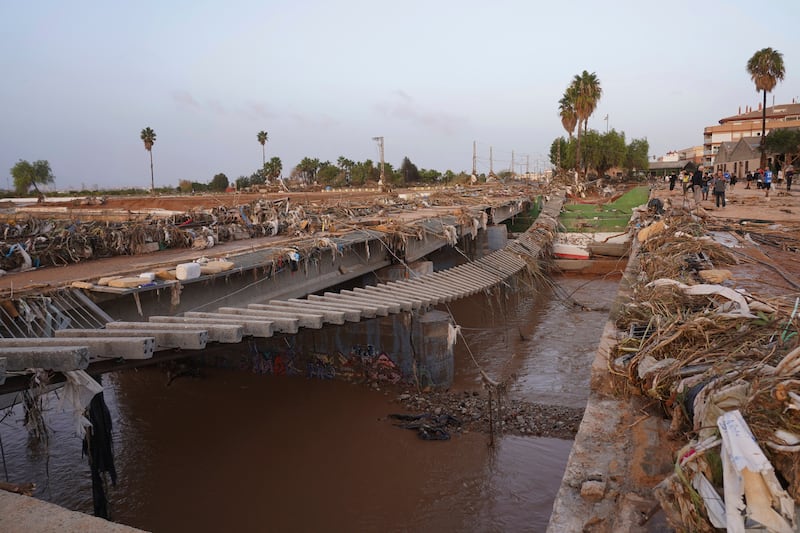 Train tracks affected by floods in Paiporta, near Valencia, Spain (AP Photo/Alberto Saiz)