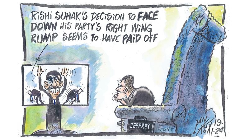 Cartoon showing Jeffrey Donaldson sitting in an over-sized chair watching a news report saying Rishi Sunak's decision to face down his party's right wing seems to have paid off