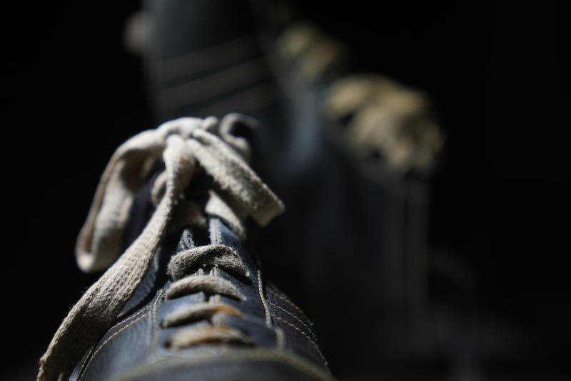 Detail of football boots worn by Jose Leandro Andrade, on display at the Paris 1924: Sport, Art and the Body exhibition