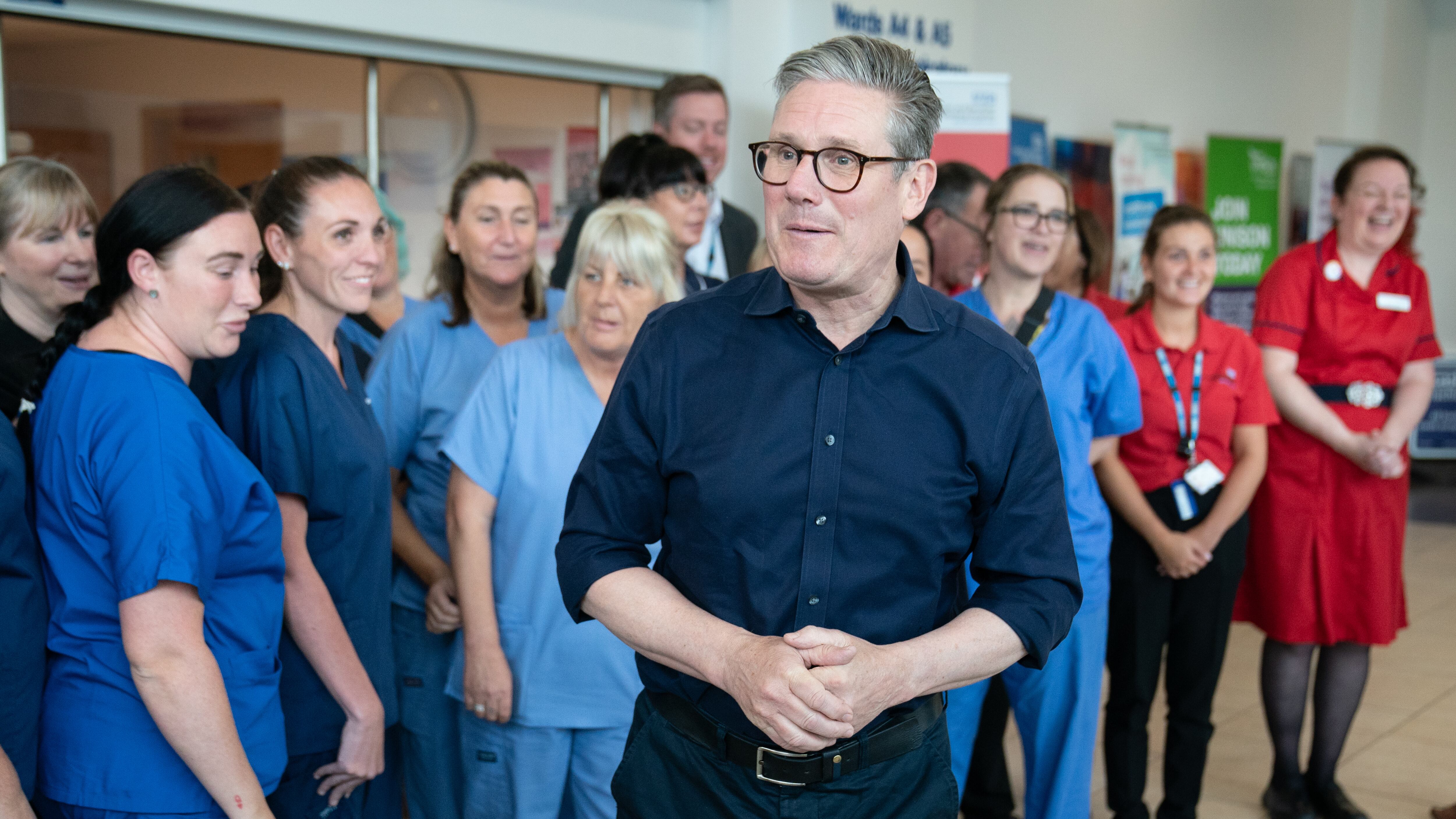 Labour Party leader Sir Keir Starmer and meets staff at Bassetlaw Hospital in Nottinghamshire to discuss Labour�s plan to reduce NHS waiting lists if they get into power after the forthcoming General Election on July 4. Picture date: Saturday June 15, 2024.