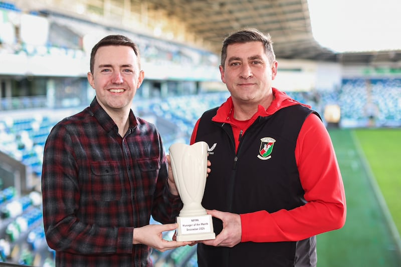 Glentoran manager Declan Devine collects his Manager of the Month trophy from NIFWA Chair Michael Clarke

Glentoran boss Declan Devine is the NIFWA Manager of the Month for December.
In the month, the Glens defeated Crusaders, Cliftonville and Portadown in the league. Devine's men also drew with rivals Linfield on Boxing Day and knocked them out of the BetMcLean Cup.
Devine said: "This is obviously testimony to the players and the backroom staff. The manager collects this award, but it's a team effort.
"We enjoyed a good month but it's hard work at times. We had to grind out some of those results. But overall, I feel we have come a long way since the summer.
"It feels like the entire club is pulling in the same direction. When everyone at Glentoran is pulling in the same direction, we've half a chance."