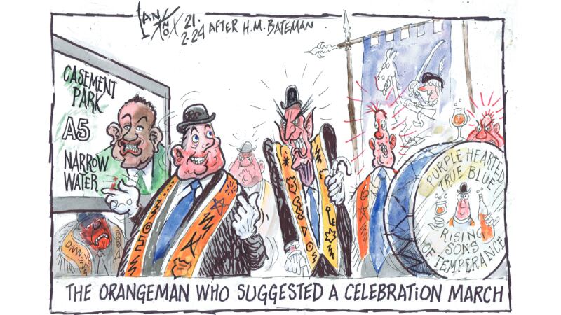Cartoon showing an Orangeman suggesting a celebration march following the Dublin government's announcement of money for the Narrow Water bridge. His fellow Orangemen look annoyed
