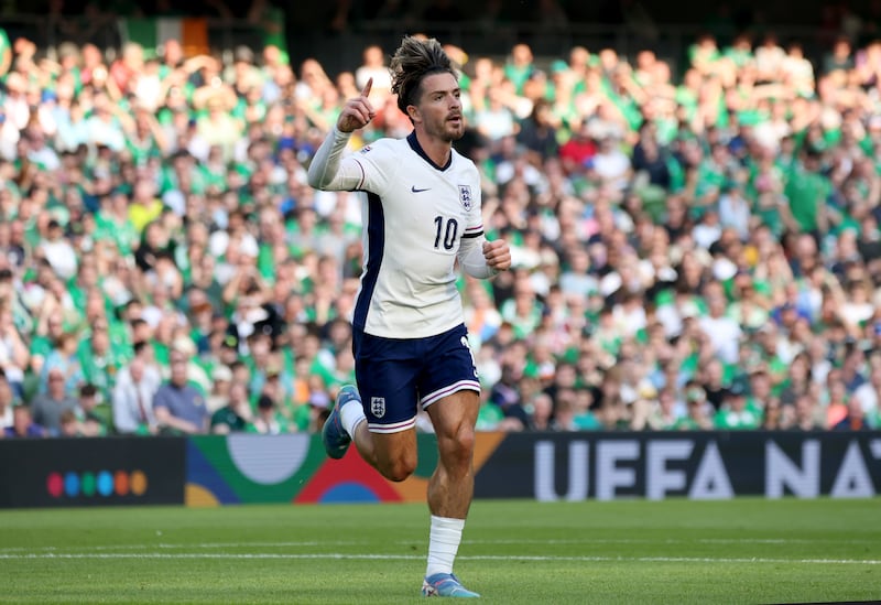 Jack Grealish celebrates doubling England’s lead .