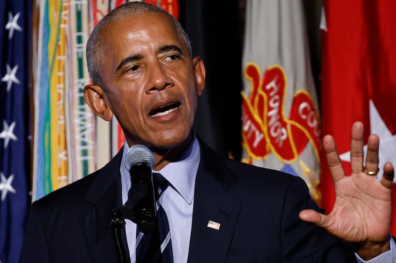 Former US president Barack Obama speaks to guests after receiving the 2024 Sylvanus Thayer Award (Eduardo Munoz Alvarez/AP)