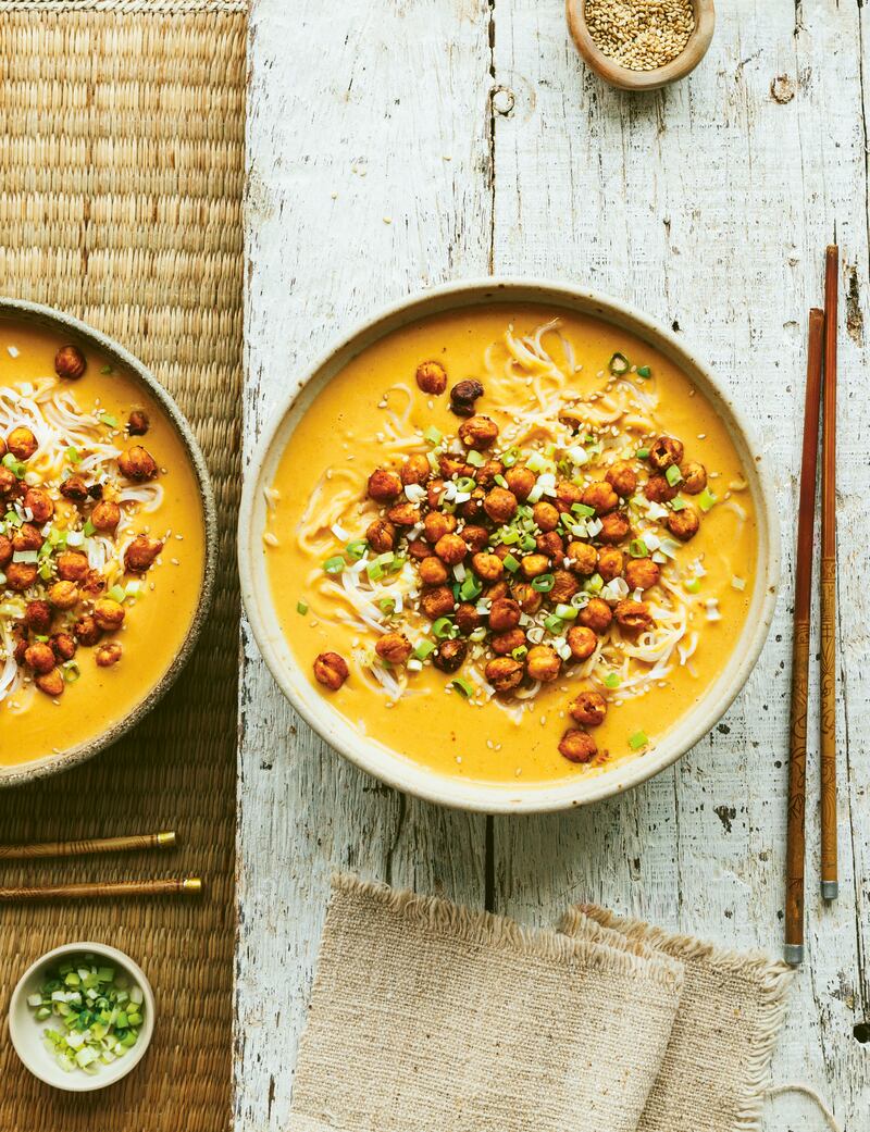 Sweet potato gochujang soup with crispy chickpeas from Plant Protein