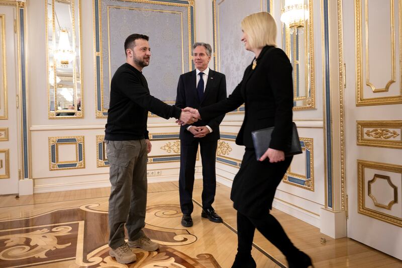 US Secretary of State Antony Blinken watches Ukraine’s President Volodymyr Zelensky, left, greet US Ambassador to Ukraine Bridget Brink (Brendan Smialowski/AP)