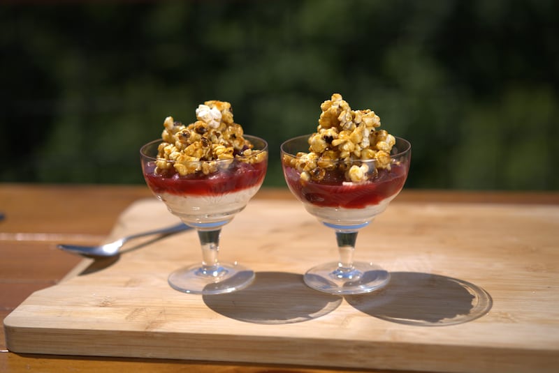 Paula McIntyre's Grape and orange compote, cheesecake cream, orange and vanilla glazed popcorn, as featured in episode 3 of Paula McIntyre's Hamely Kitchen USA on BBC NI