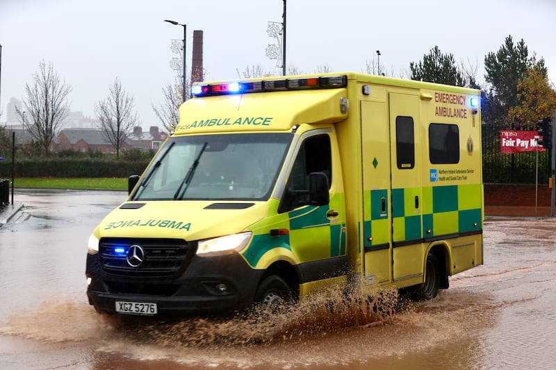 Flooding at the Broadway entrance to the Royal Victoria Hospital in west Belfast. PICTURE: MAL MCCANN