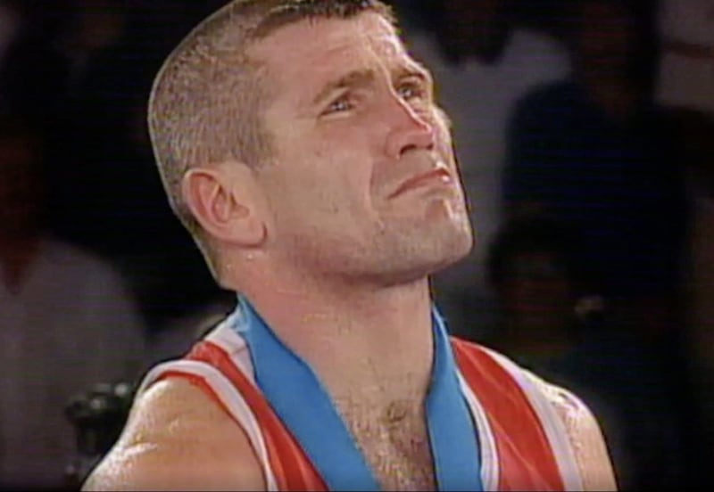 Commonwealth Games gold medallist Jim Webb fights back the tears as Dr Sean Donnelly sings &#39;Danny Boy&#39; during the presentation ceremony back in 1994 