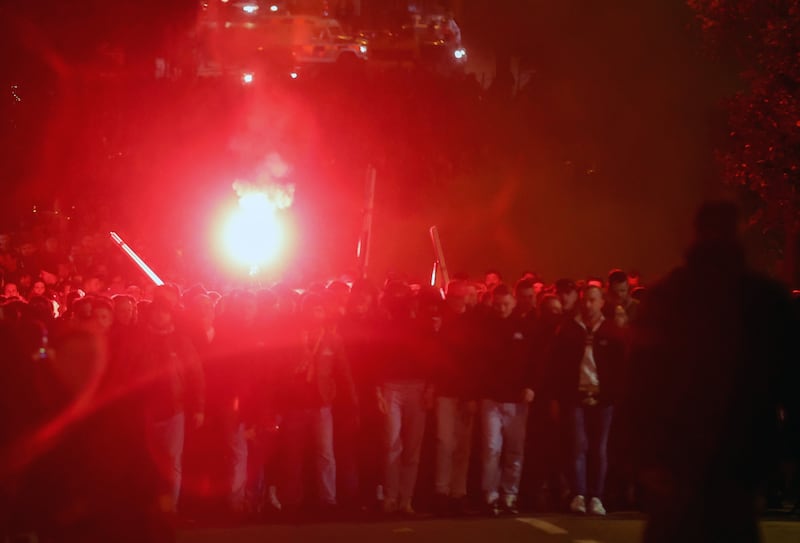 2,000 supporters  St Gallen fans march from Bradbury Place in south Belfast to Windsor Park ahead of Larne’s Uefa Conference League tie.