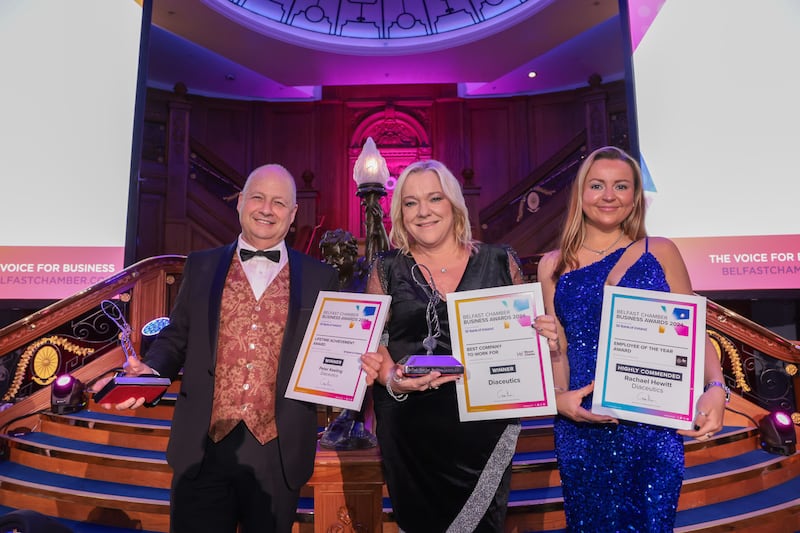 Diaceutics and its founder Peter Keeling, along with Weev co-founder Thomas O’Hagan, were among the major winners as Belfast Chamber celebrated the city’s business success stories at its annual Belfast Business Awards in Titanic Belfast.