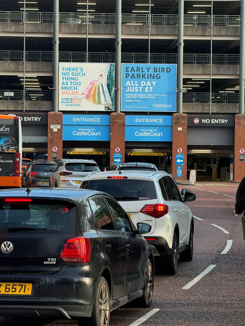 Traffic chaos at Castlecourt car park this morning.