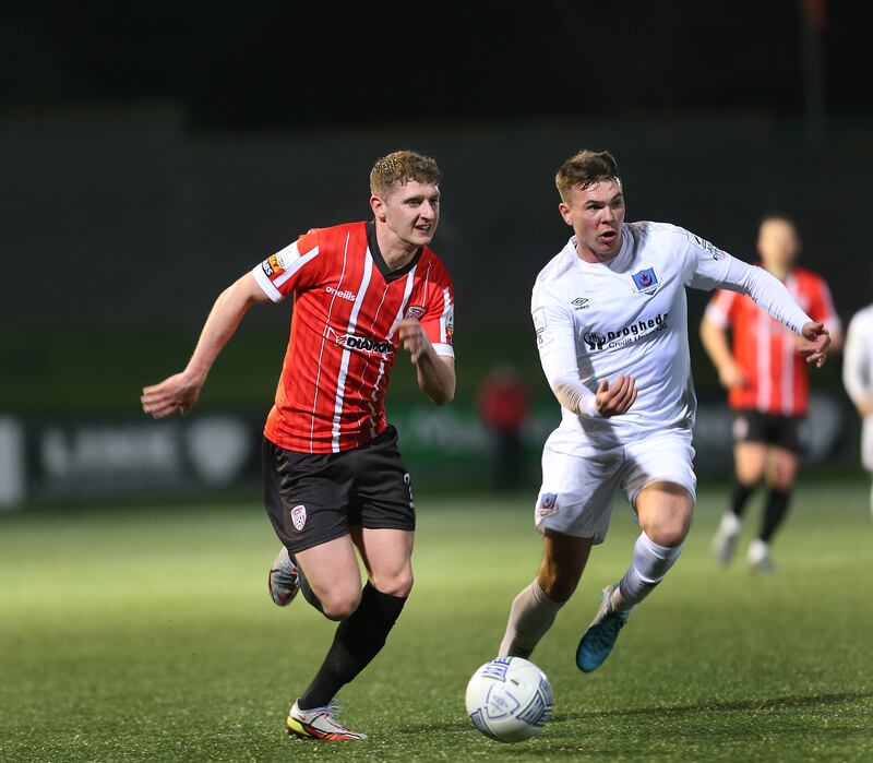 Derry City Ronan Boyce with Dayle Rooney of Drogheda United at the Brandywell on Monday night. Picture Margaret McLaughlin  14-3-2022