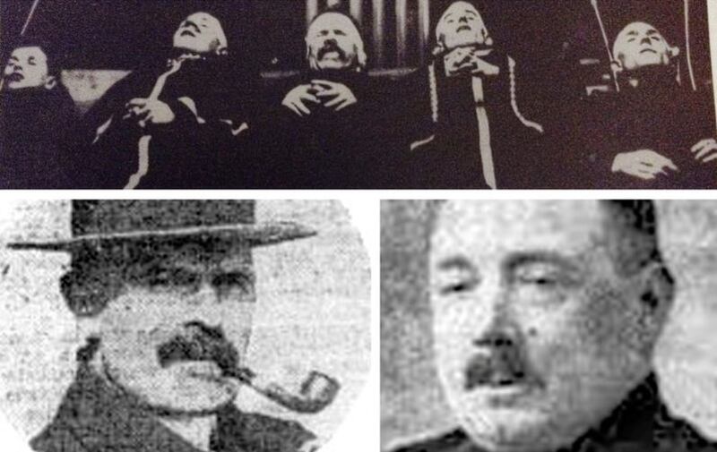 The bodies of Owen McMahon and three of his sons along with their bar manager, Edward McKinney (far right) were laid out at the Mater hospital morgue. RIC District Inspector and future independent unionist Stormont MP, John Nixon (bottom right) was accused of leading the murder gang. Owen McMahon (bottom left) was a director of Glentoran Football Club<br /> 